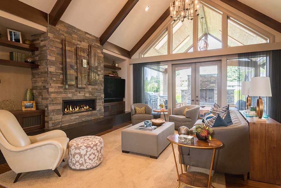 Majestic Echelon II 36 linear gas fireplace in vaulted great room with stacked stone