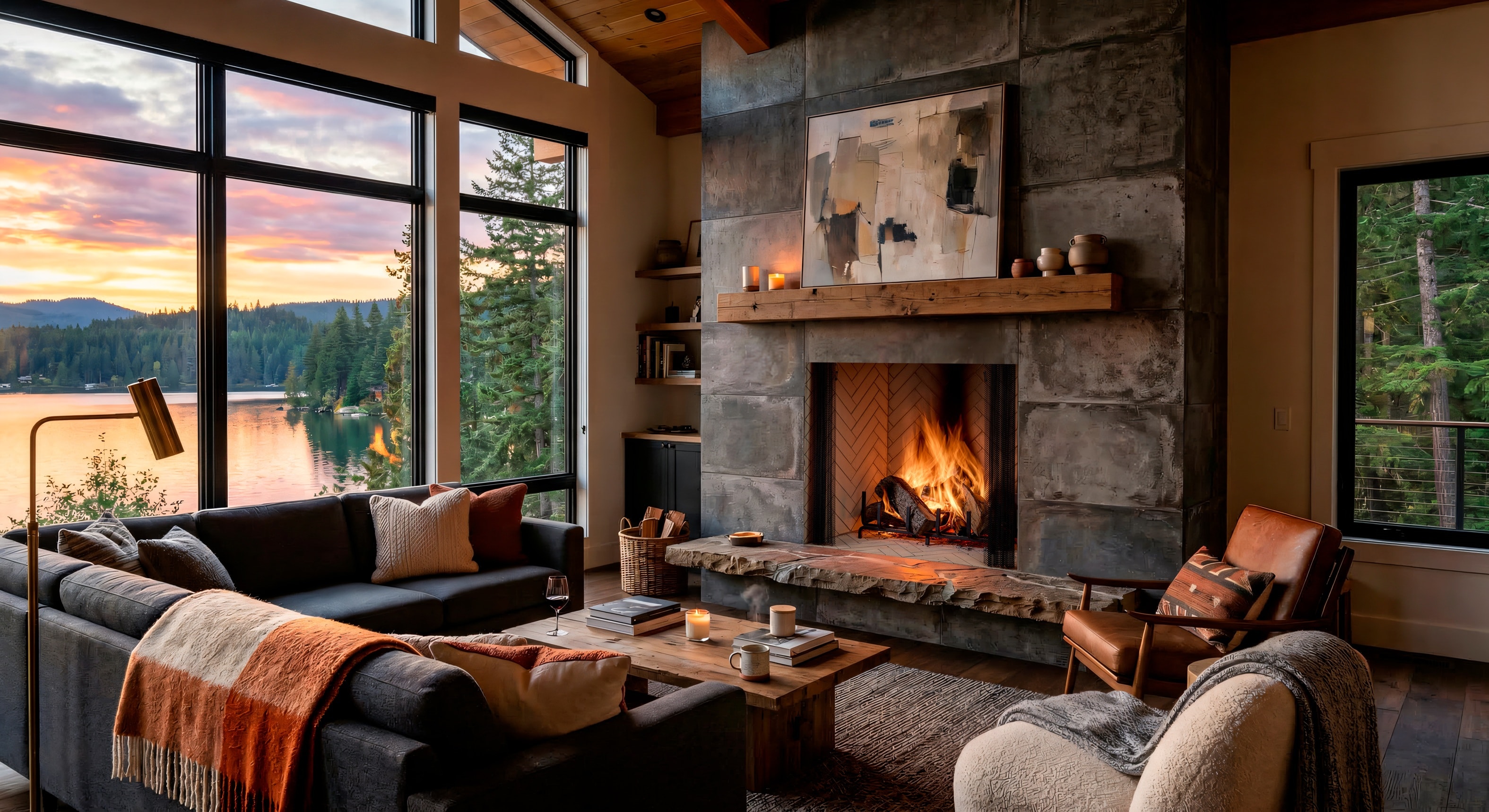 Majestic Firebrick 42 gas fireplace in contemporary lake-view living room with stone surround