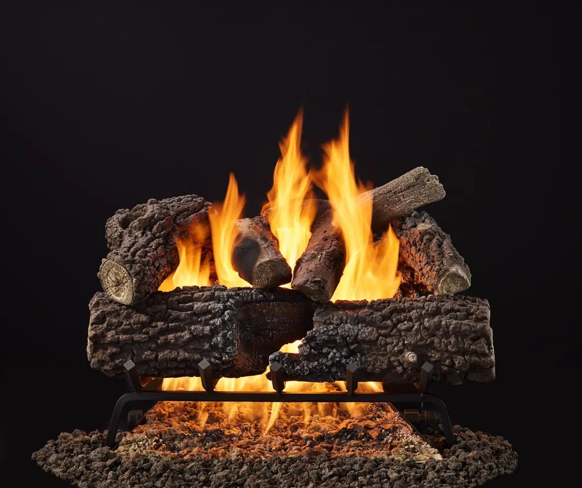 Majestic Smoldering Timber Oak gas log set with dark oak logs and multi-flame