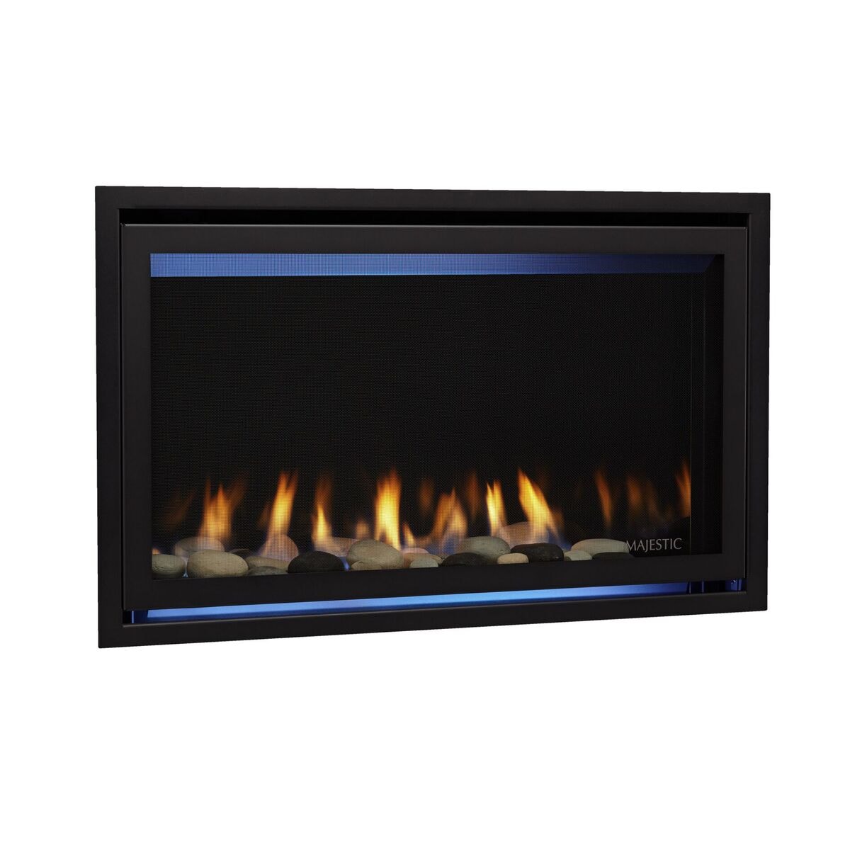 Majestic Jade linear gas fireplace product shot with river rocks and blue LED accent lighting