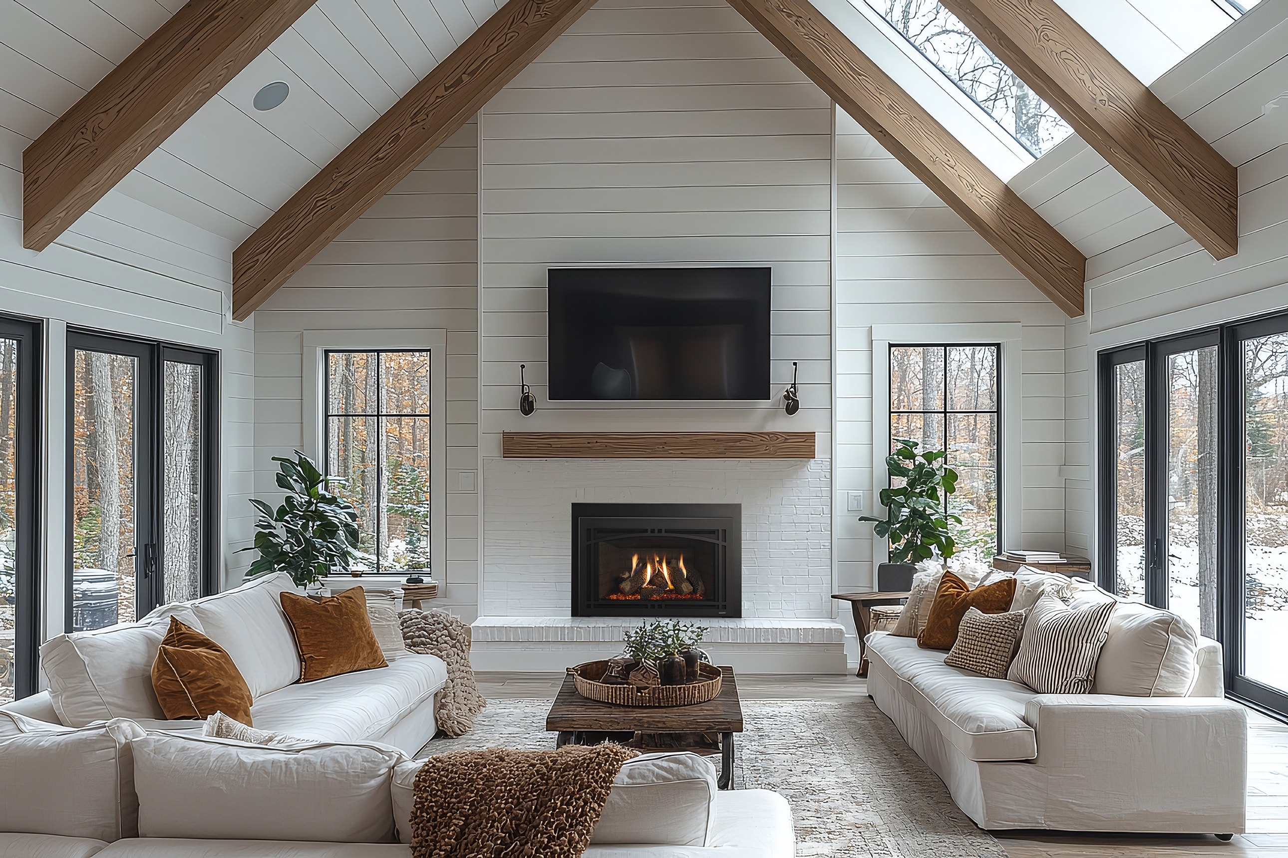 Majestic Ruby Platinum 30 gas fireplace insert in vaulted farmhouse living room with shiplap walls