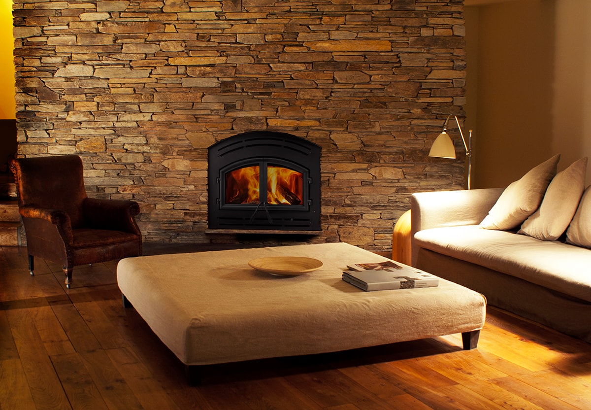 Majestic WarmMajic II freestanding gas stove in warm open-plan living room