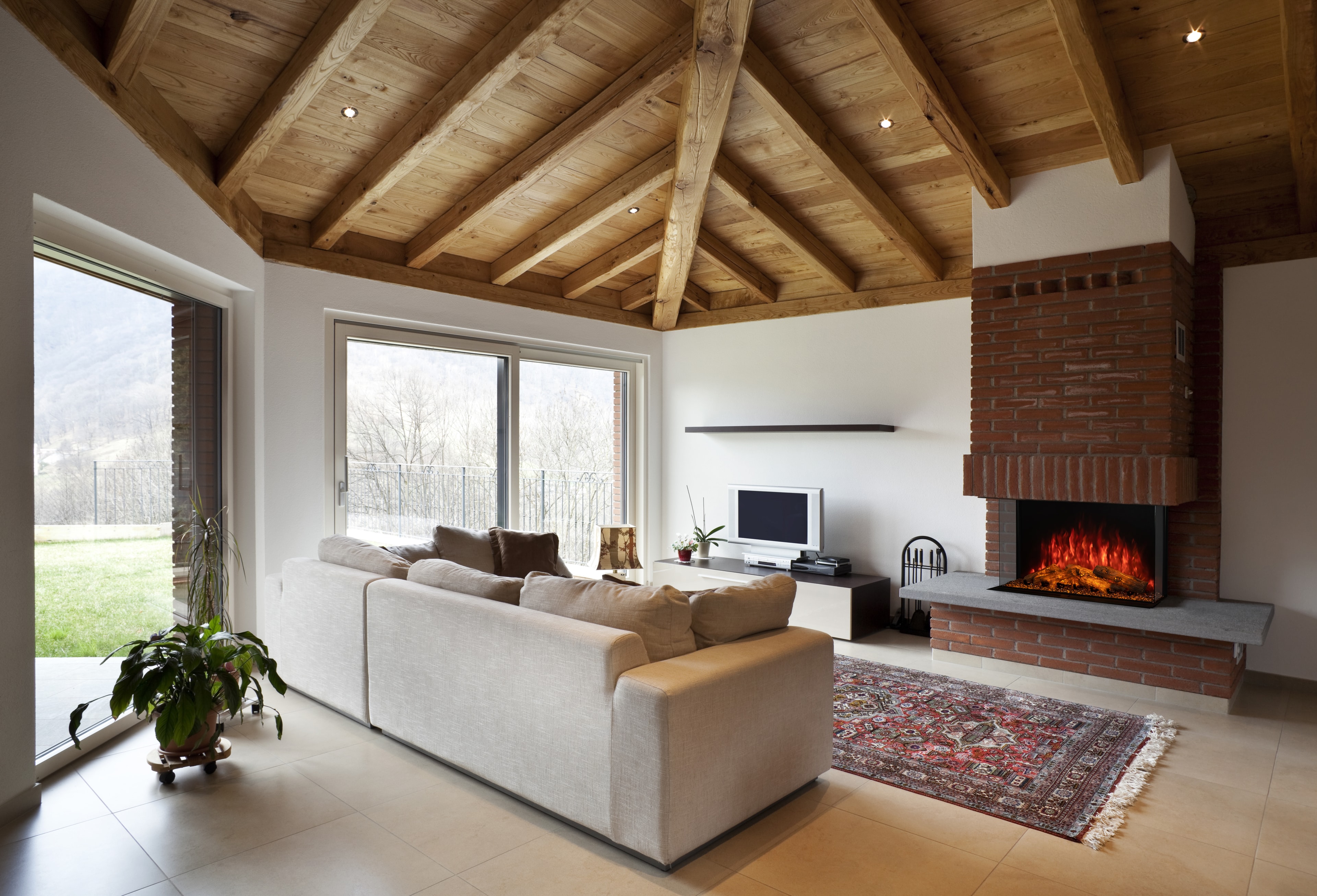 Modern Flames Sedona 42 electric fireplace in modern living room with wood beams